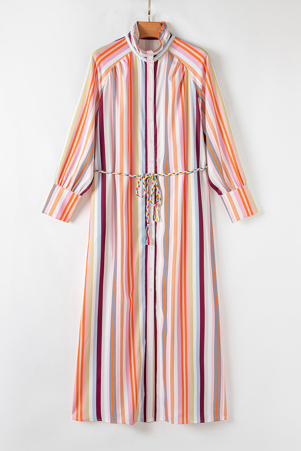 Stacey B's White Multicolor Striped Cuffed Sleeve Tassel Tied Shirt Maxi Dress