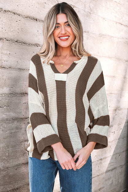 Stacey B's Brown Stripe Colorblock V Neck Bracelet Sleeve Sweater