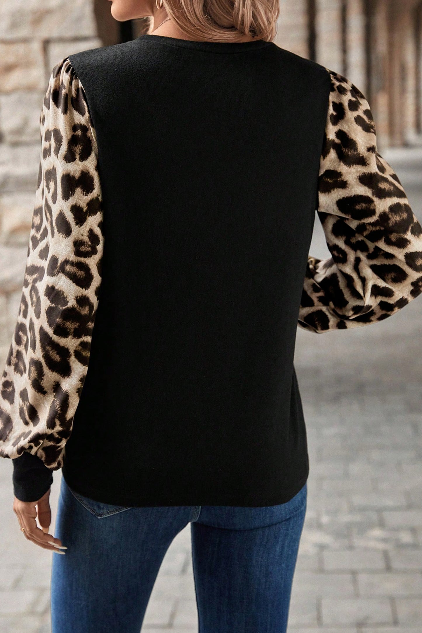 Stacey B's Khaki Leopard Puff Sleeve Patchwork Top