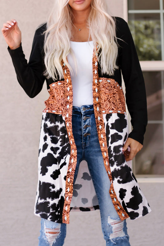 Stacey B's Black Western Pattern Cow Patchwork Open Front Cardigan