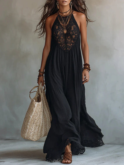 Style Black Lace Trim Sleeveless Long Dress Loose Vacation Style Maxi Dress Lace Dress