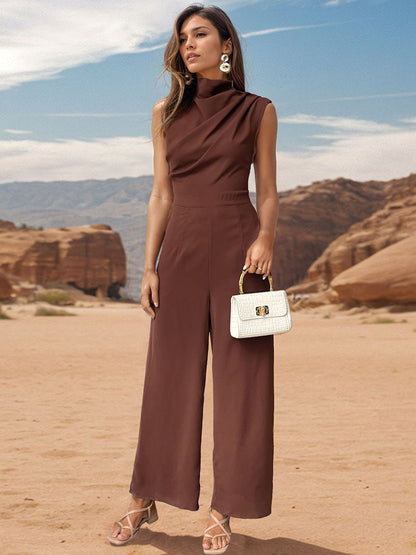 Stacey B's Ruched Mock Neck Sleeveless Jumpsuit