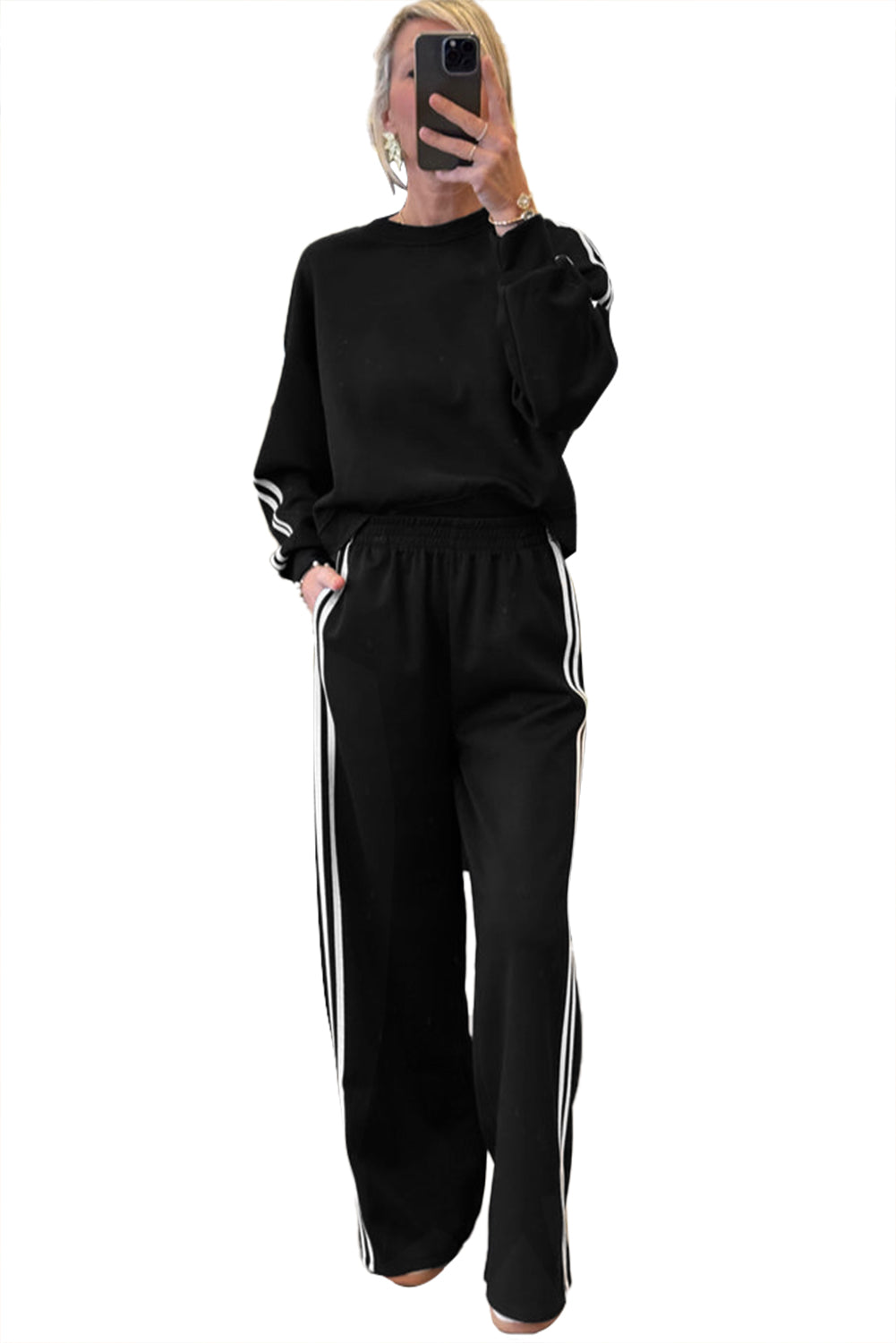 Stacey B's Fiery Red Varsity Striped Detail Cropped Pullover Wide Leg Pants 2pcs Outfit