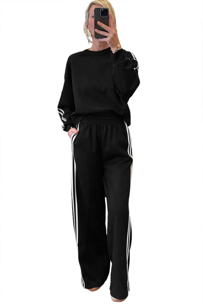 Stacey B's Fiery Red Varsity Striped Detail Cropped Pullover Wide Leg Pants 2pcs Outfit