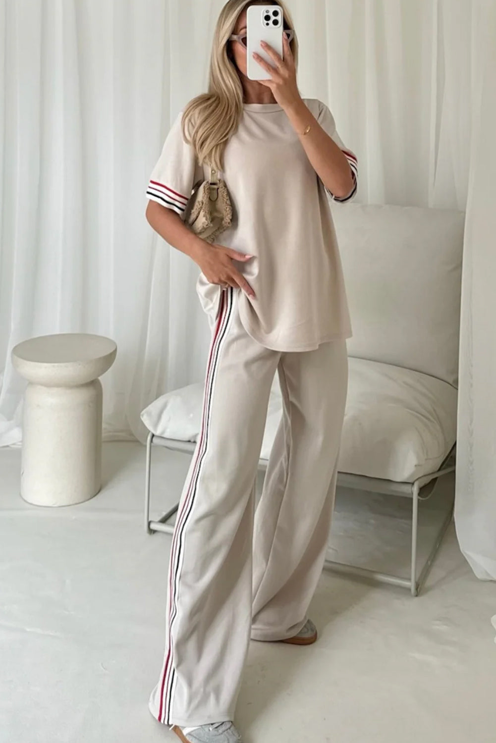 Stacey B's Jet Stream Contrast Striped Trim Crewneck T Shirt Loose Straight Pants Set