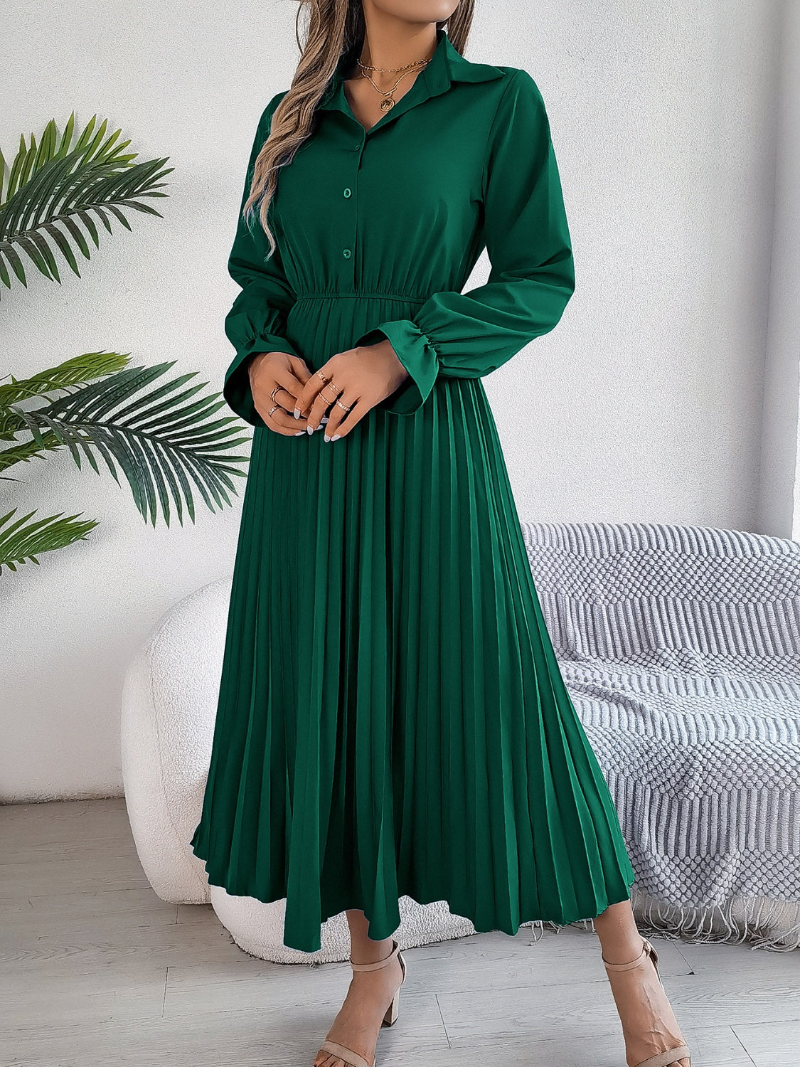 Stacey B's Pleated Half Button Long Sleeve Midi Dress