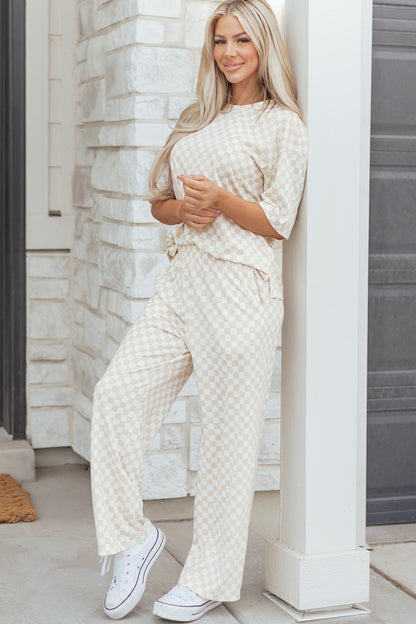 Stacey  B's Rose Checkered Print Half Sleeve Tee 2pcs Lounge Pant Set