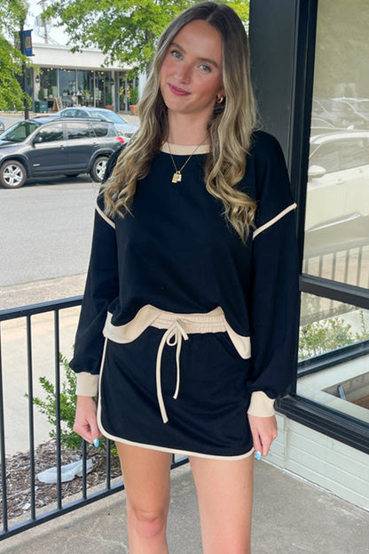 Stacey B's Black Color Contrast Loose Pullover and Lace-up Waist Skort Set