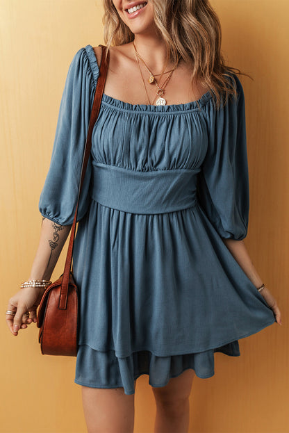Stacey B's Real Teal Frilled Neckline 3/4 Sleeve Layered Ruched Mini Dress