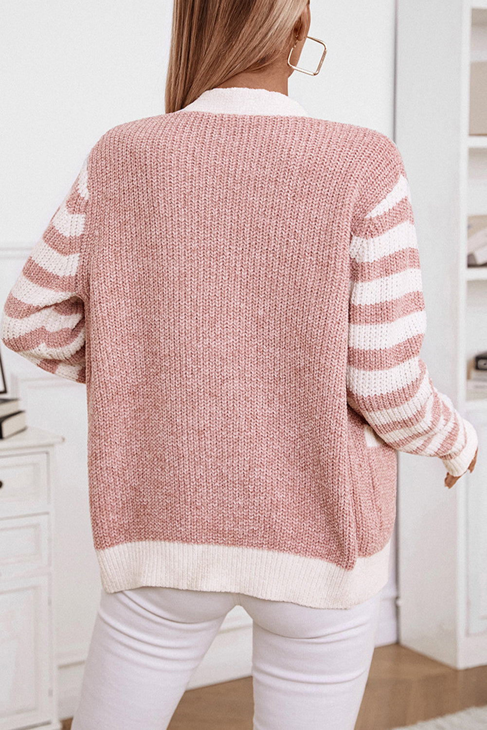 Stacey B's Gossamer Pink Striped V Neck Button Cardigan With Pocket