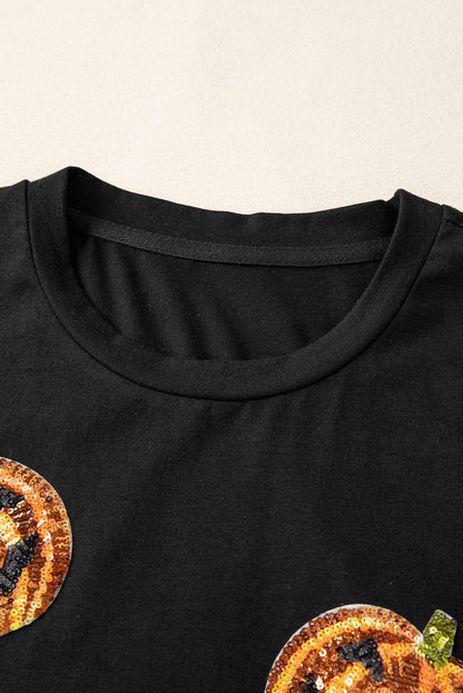Stacey B's Black Sequin Pumpkin Face Halloween T Shirt