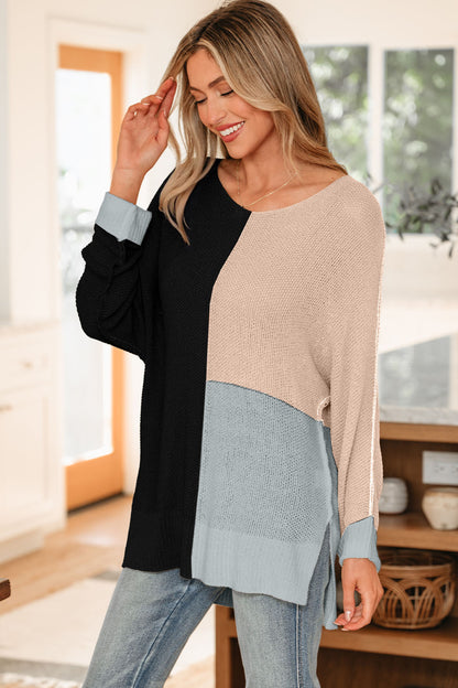 Stacey B's Black Color Block Knit V Neck Loose Sweater