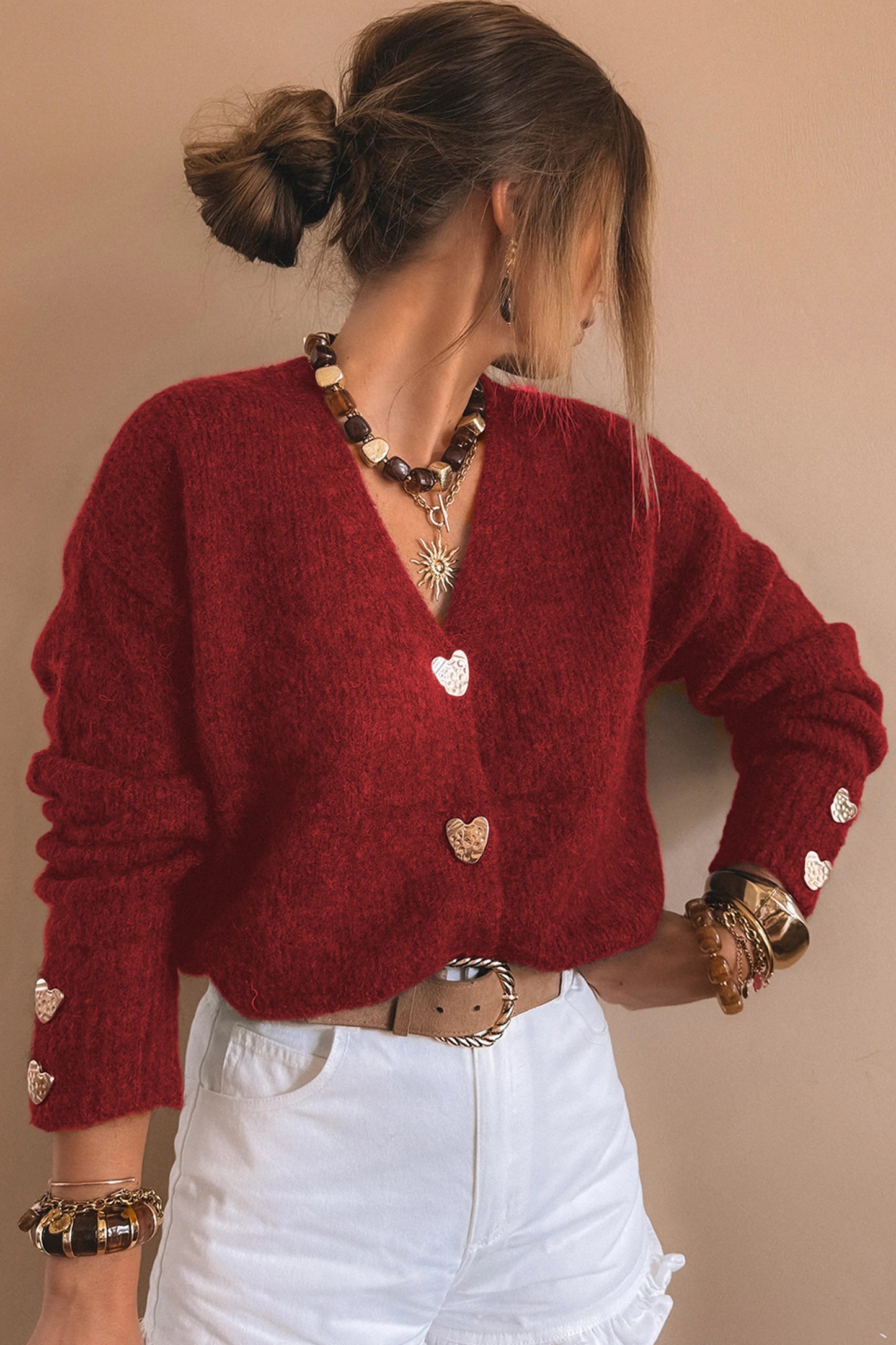Stacey B's Fiery Red Heart Metal Button V Neck Cardigan Sweater