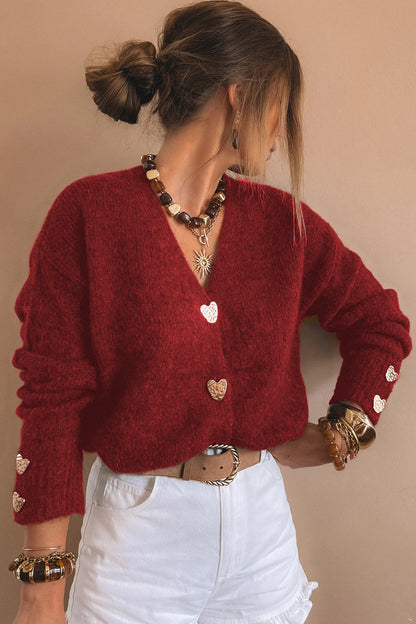 Stacey B's Fiery Red Heart Metal Button V Neck Cardigan Sweater