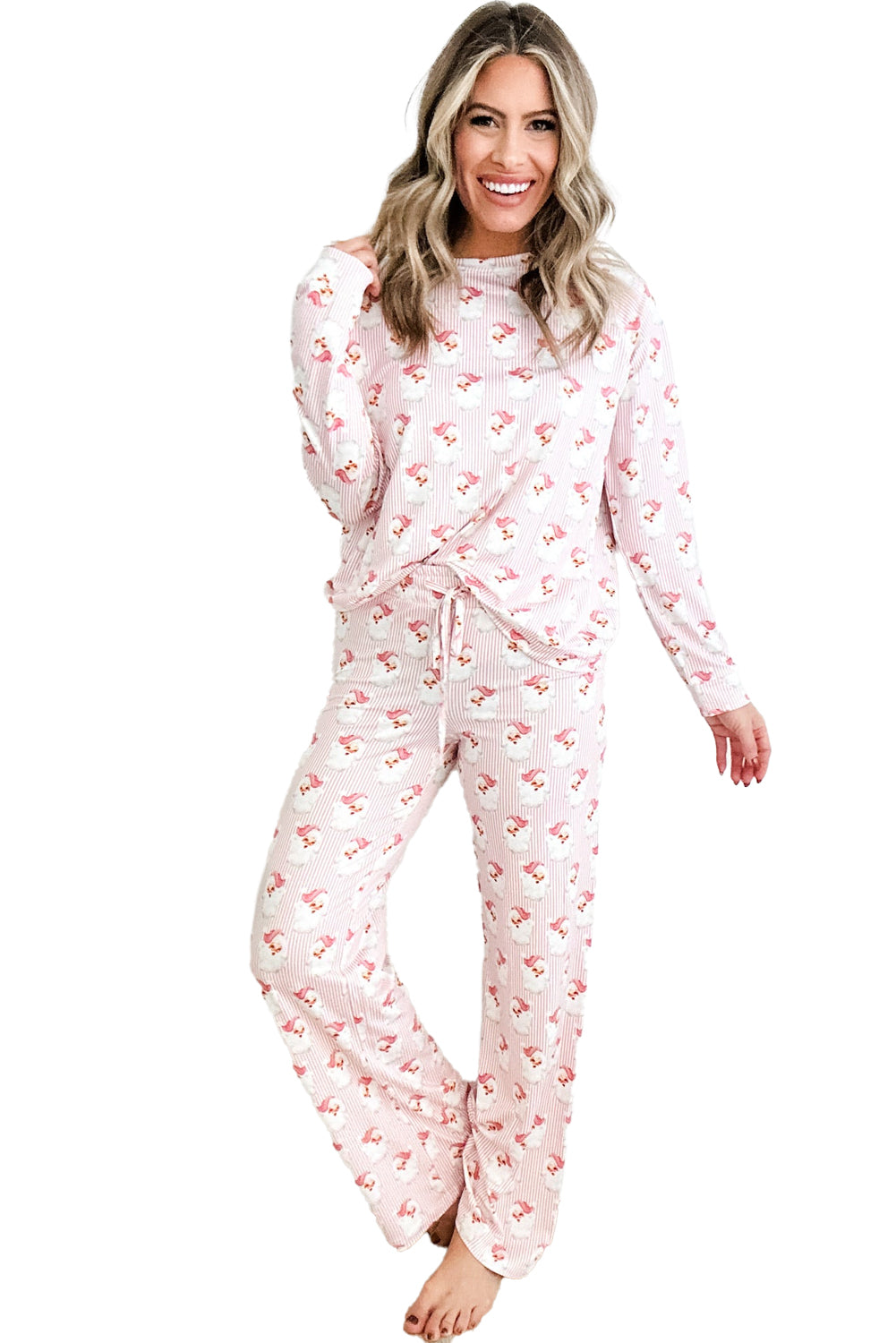 Stacey B's Pink Santa Claus Striped Print Loose Fit Two Piece Loungewear Set