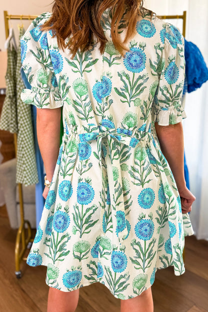 Stacey B's Sky Blue Floral Print Half Button Frilly Short Sleeve Dress