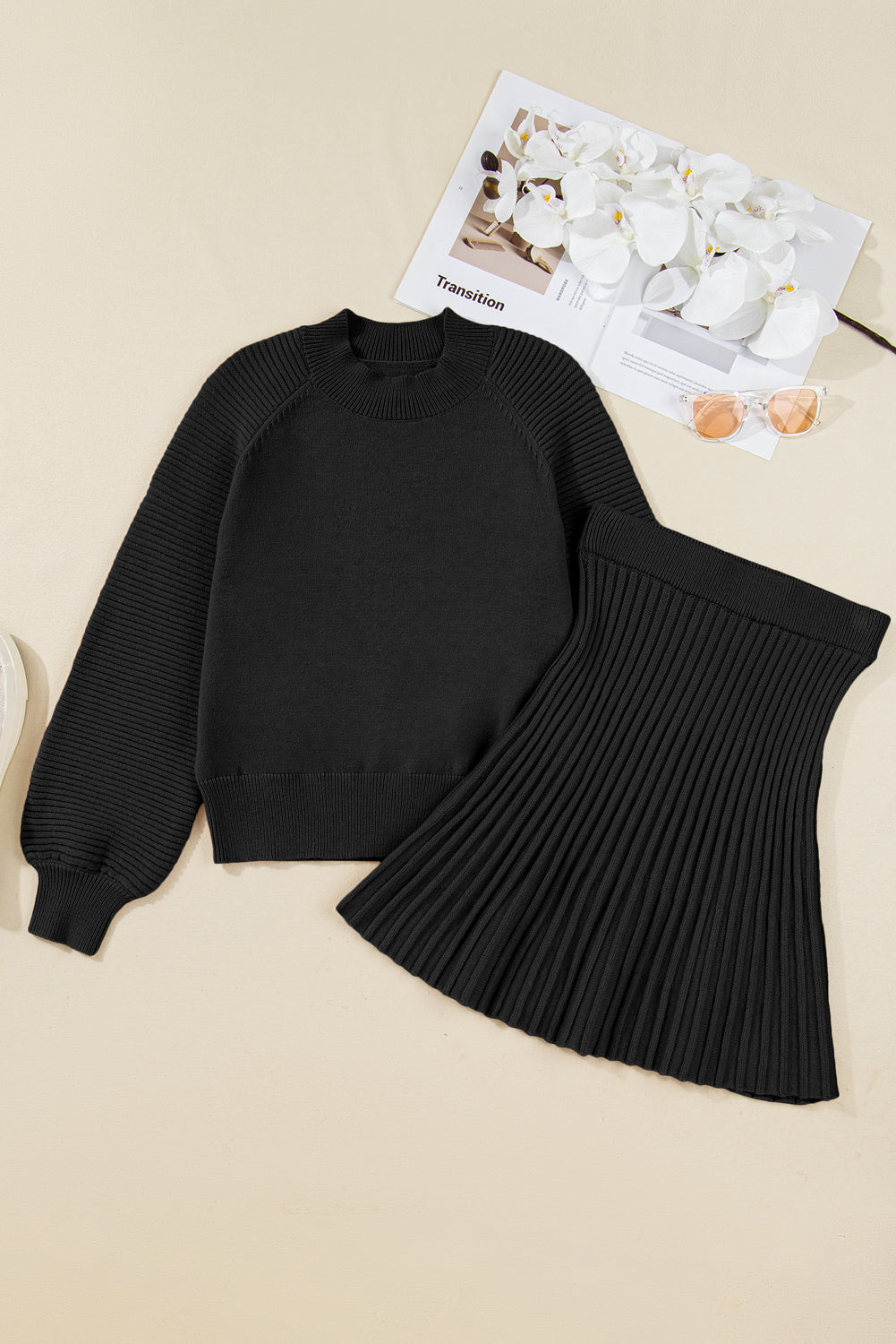 Stacey B's Black High Neck Puff Sleeve Sweater Pleated Mini Skirt 2pcs Knitted Outfit