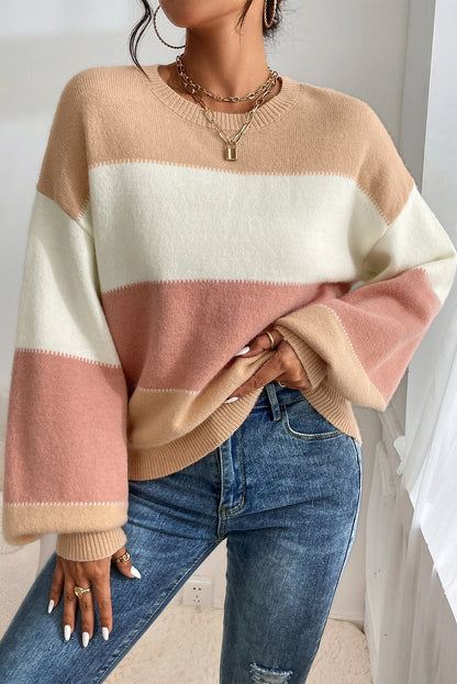 Stacey B's Dusty Pink Color Block Lantern Sleeve Drop Shoulder Sweater
