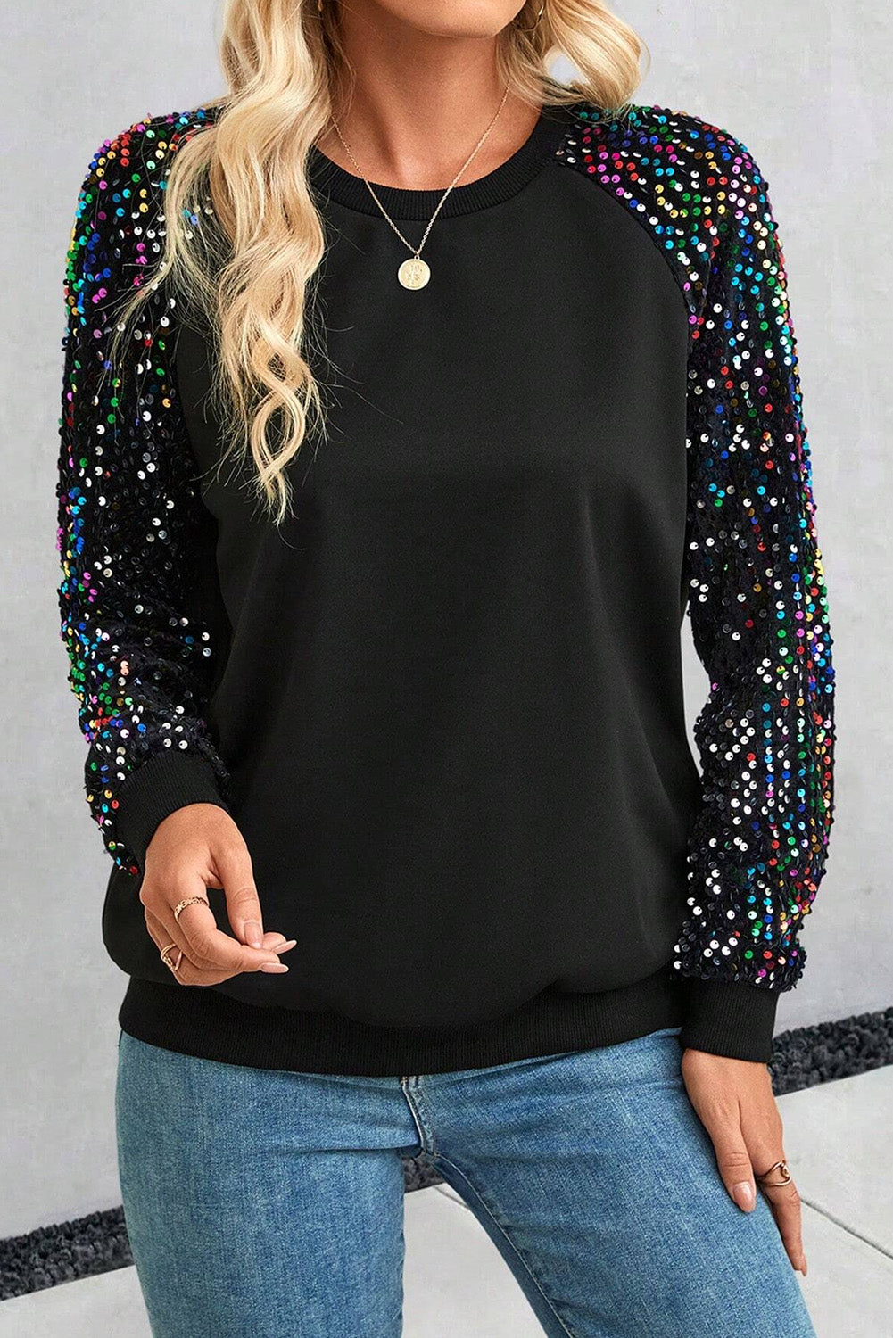 Stacey B's Black Sequin Raglan Sleeve Crewneck Pullover Sweatshirt