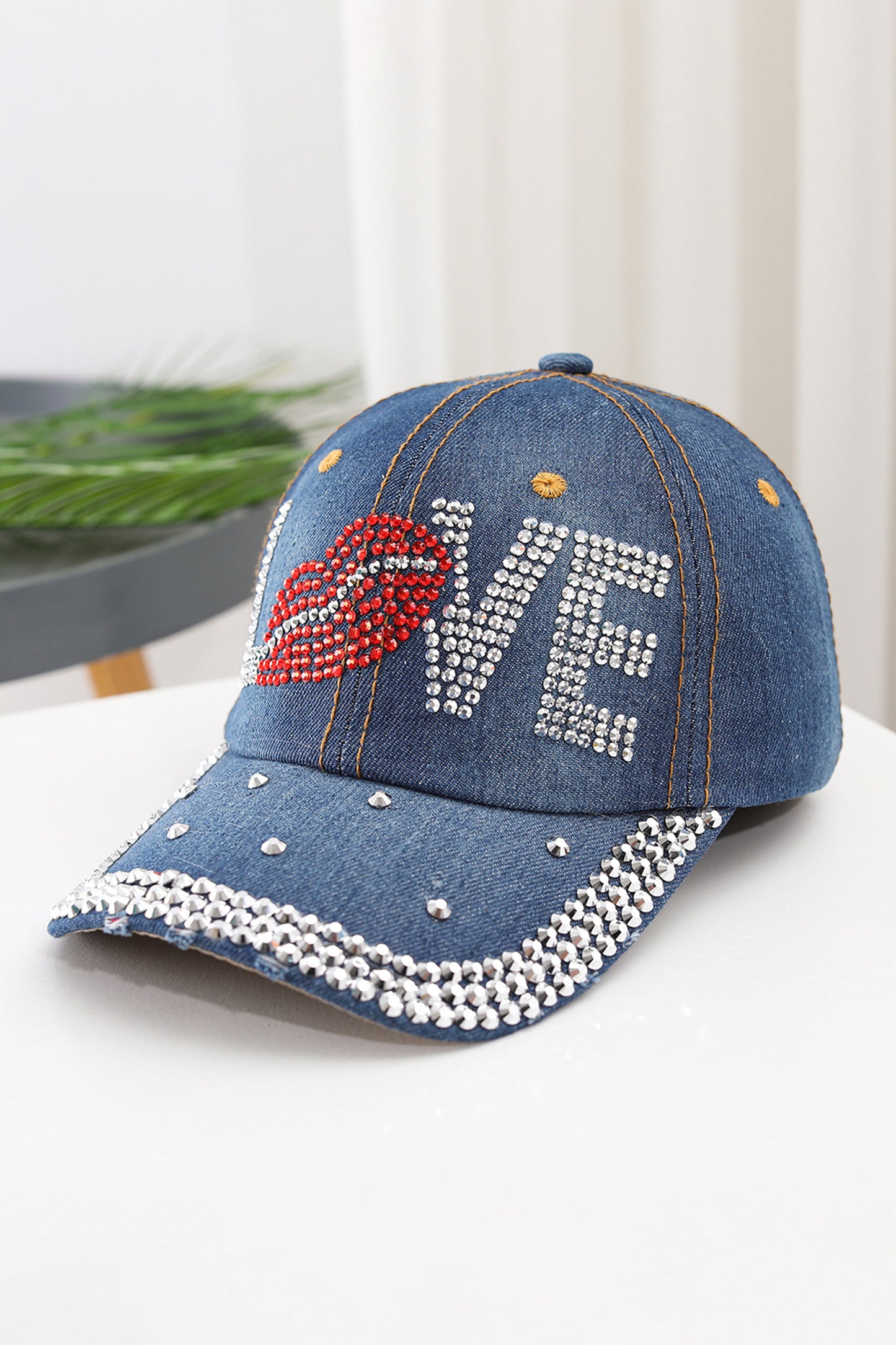 Stacey B's Ashleigh Blue Rhinestone Embellished LOVE Lip Denim Baseball Cap