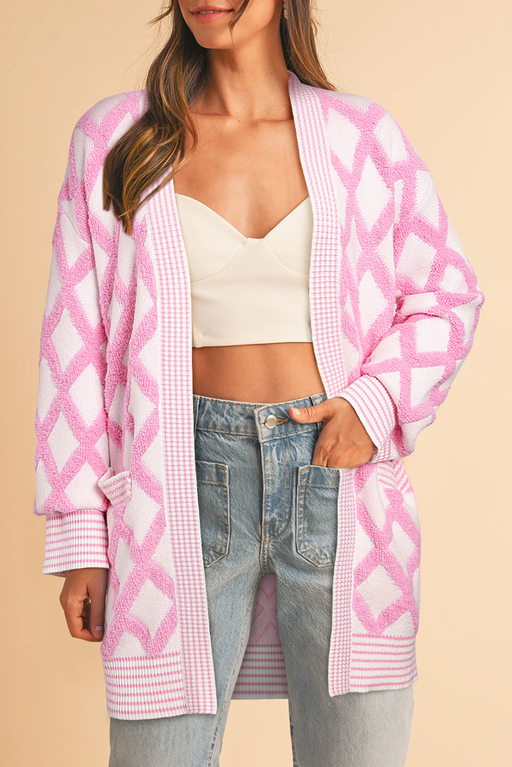 Stacey B's Pink Rhombus Pattern Knit Open Front Pocketed Cardigans