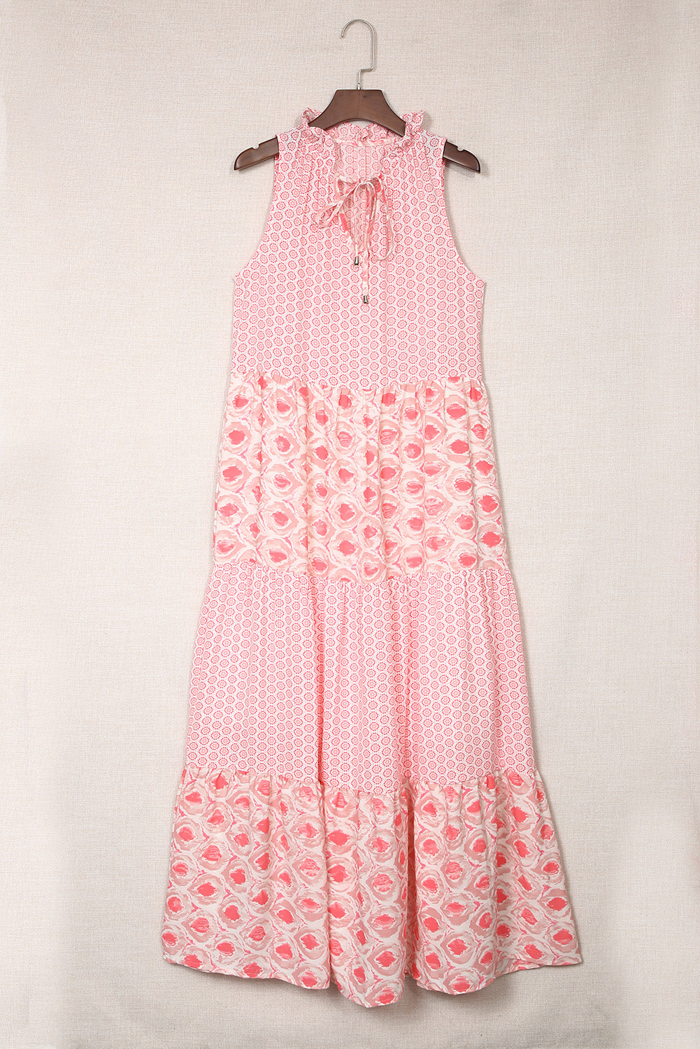 Stacey B's Pink Abstract Print Patchwork Sleeveless V Neck Tiered Dress