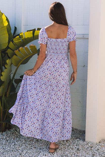 Stacey B's Purple Floral Short Bubble Sleeve Shirred High Waist Maxi Dress