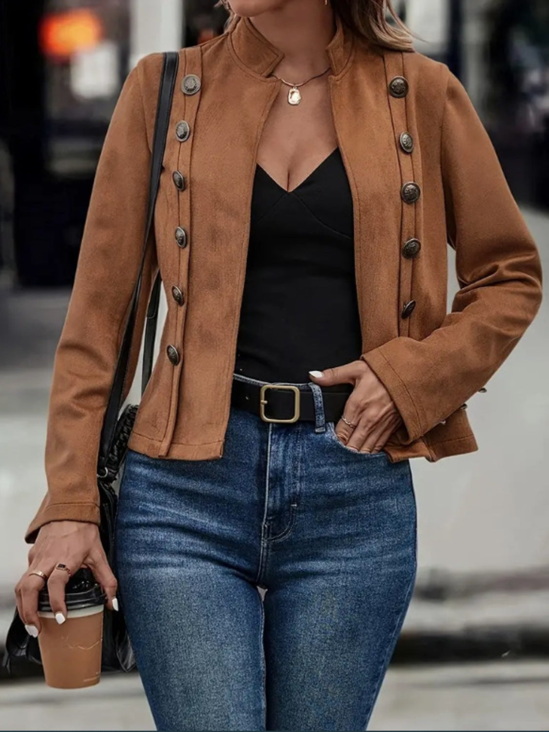 Stacey B's Decorative Button Open Front Long Sleeve Jacket