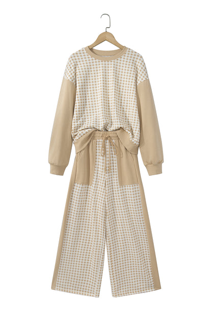 Stacey B's Brown Color Block Plaid Patchwork Long Sleeve Pullover Wide Leg Pant Set