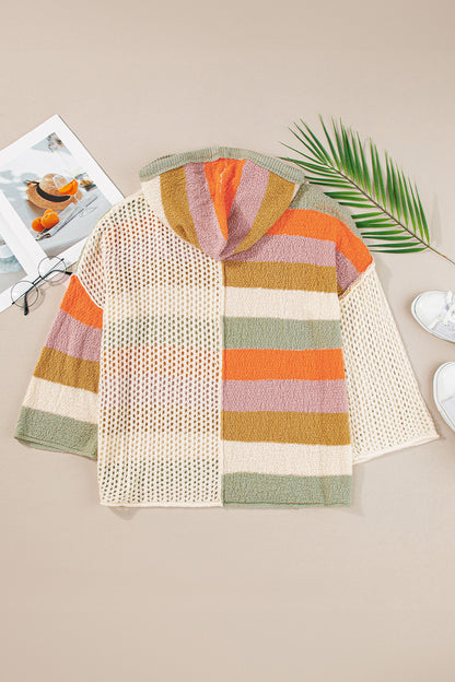 Stacey B's Beige Oversized Colorblock V Neck Hooded Sweater