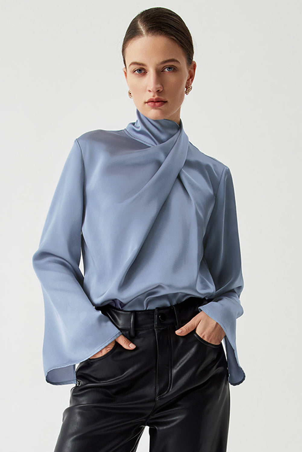 Stacey B's Ivy Asymmetric Turtleneck Elegant Satin Blouse