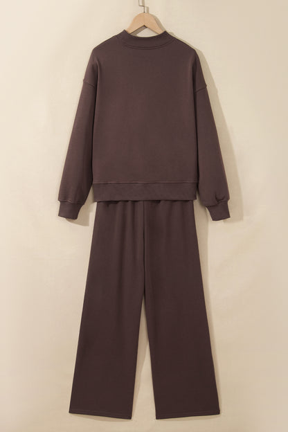Stacey B's Coffee Solid Color Piping Trim Mock Neck Pullover Drawstring Pants Set