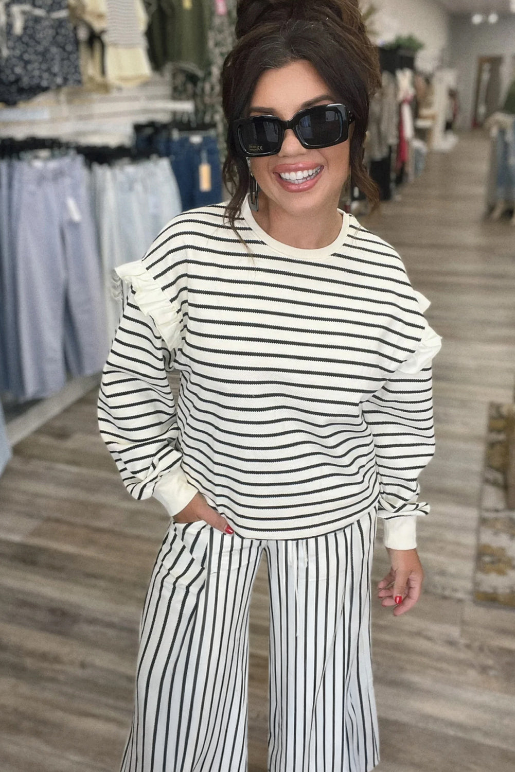 Stacey B's White Stripe Ruffle Trim Drop Shoulder Top Drawstring Loose Pant Set