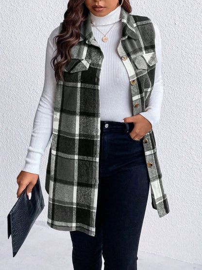 Stacey B's Honey Plus Size Pocketed Plaid Button Up Vest Coat