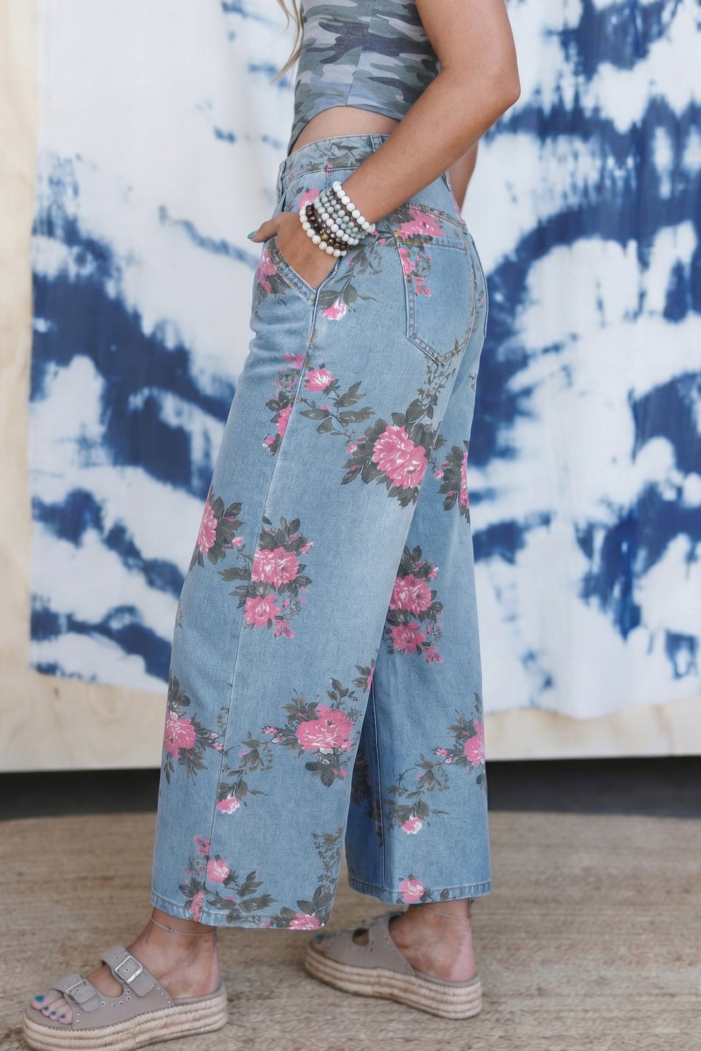 Stacey B's Sky Blue Garden Floral Print Bootcut Jeans