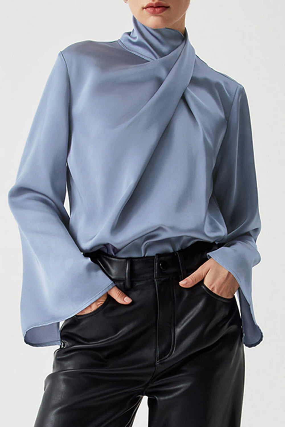 Stacey B's Ivy Asymmetric Turtleneck Elegant Satin Blouse