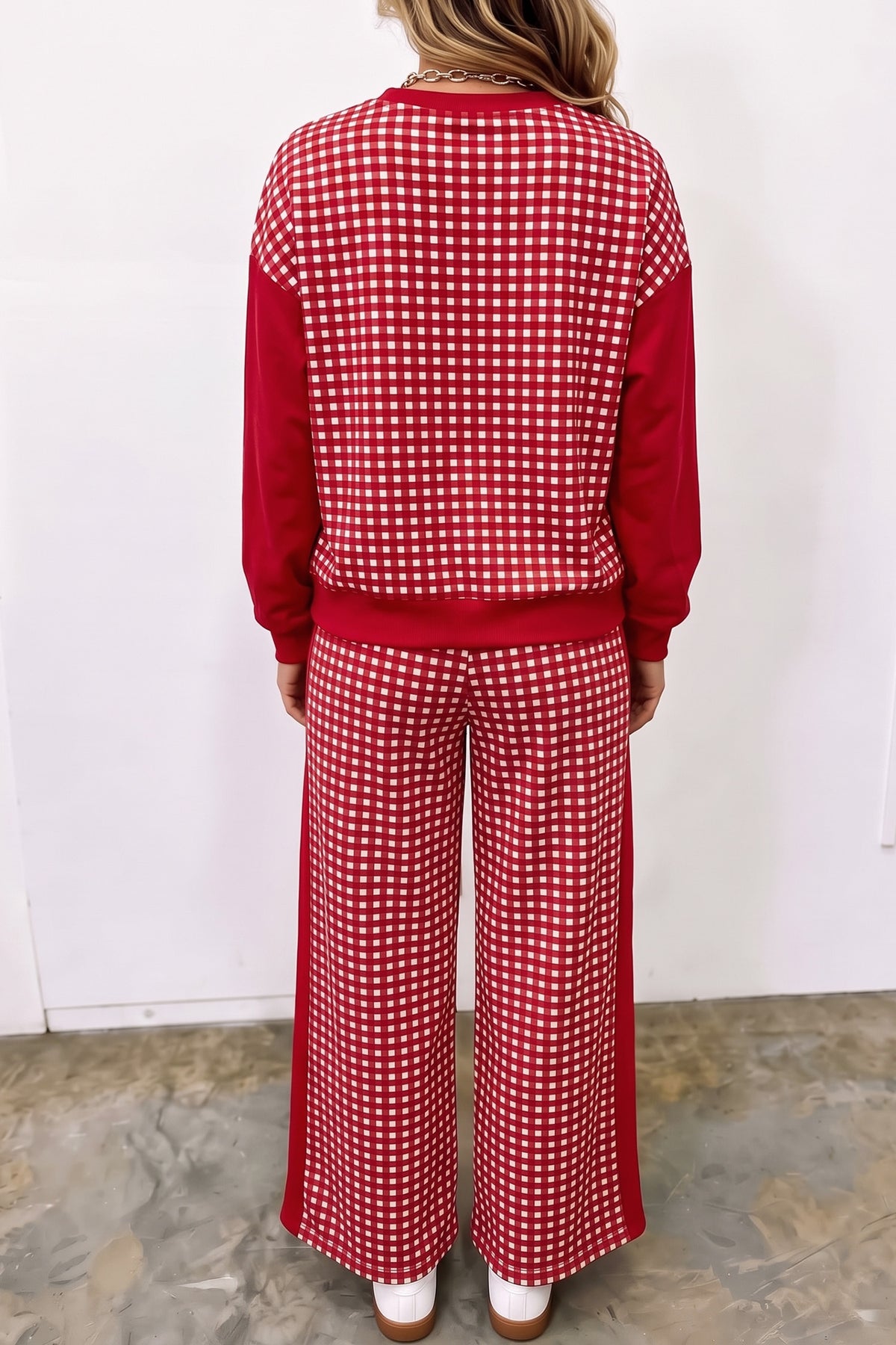 Stacey B's Brown Color Block Plaid Patchwork Long Sleeve Pullover Wide Leg Pant Set