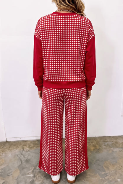 Stacey B's Brown Color Block Plaid Patchwork Long Sleeve Pullover Wide Leg Pant Set