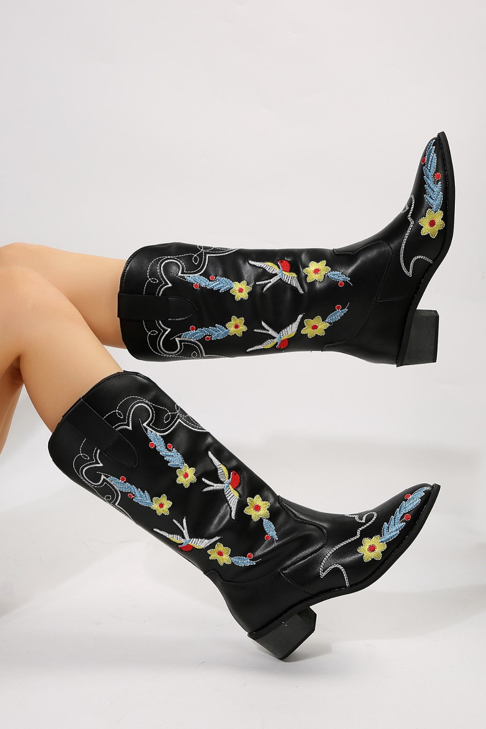 Stacey B's Embroidered Point Toe Block Heel Boots