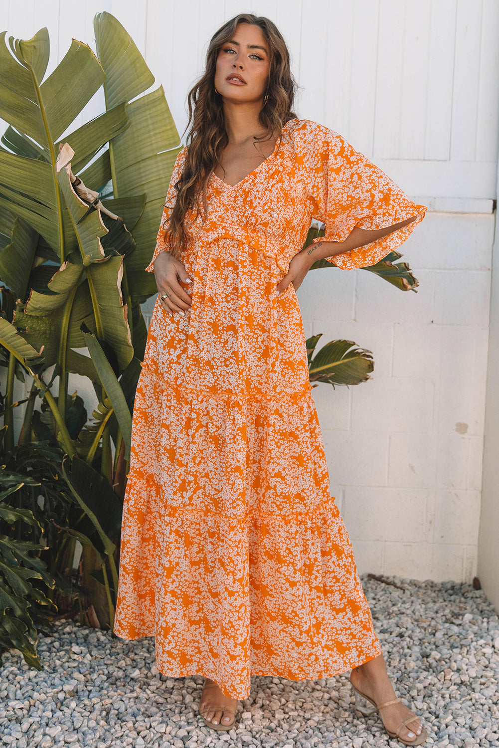 Stacey B's Orange Floral Print Smocked V Neck Wide Sleeve Maxi Dress