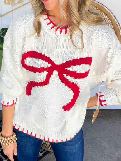 Stacey B's Bow Round Neck Long Sleeve Sweater