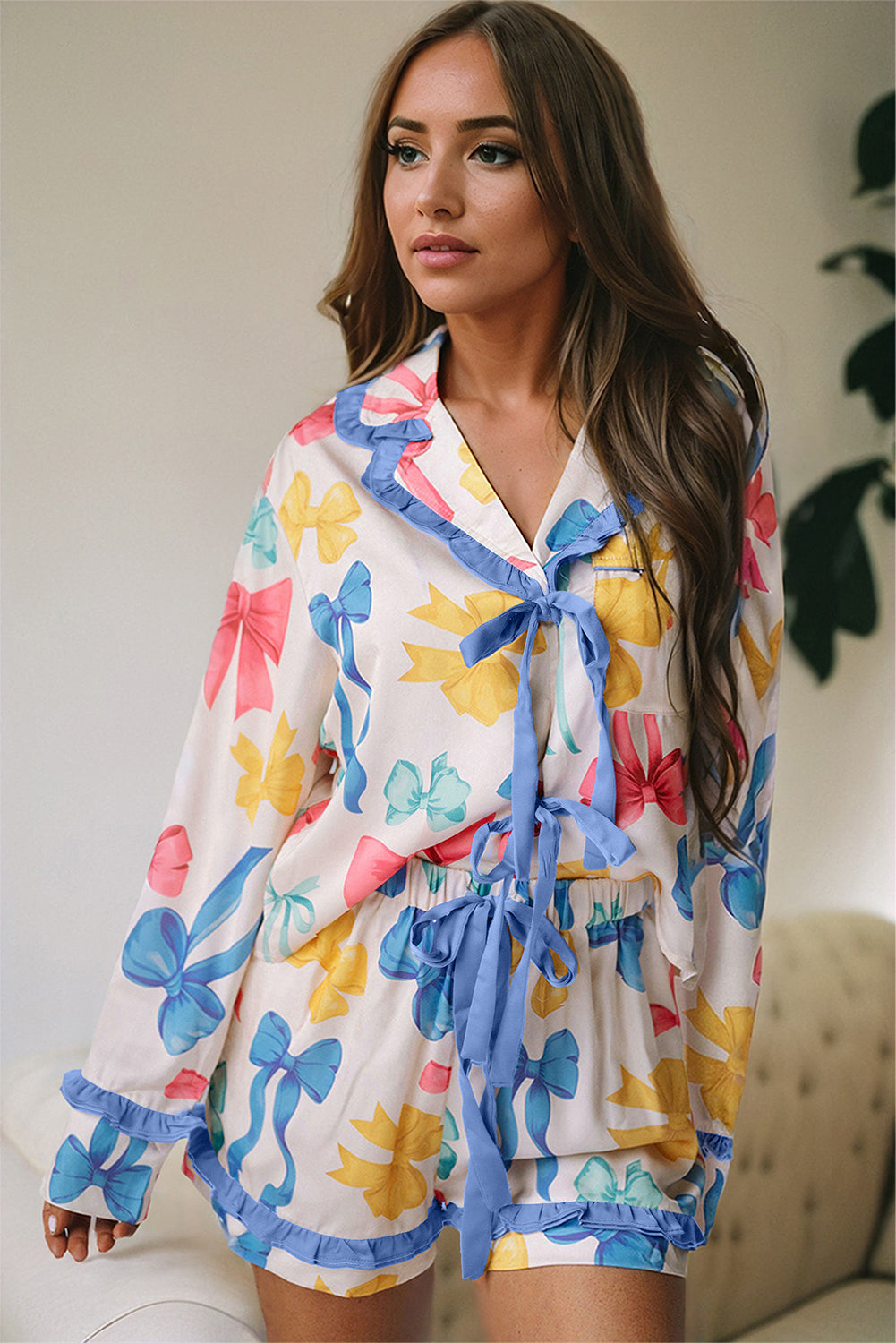 Stacey B's Sky Blue Bow Print Tied Ruffled Pajama Set