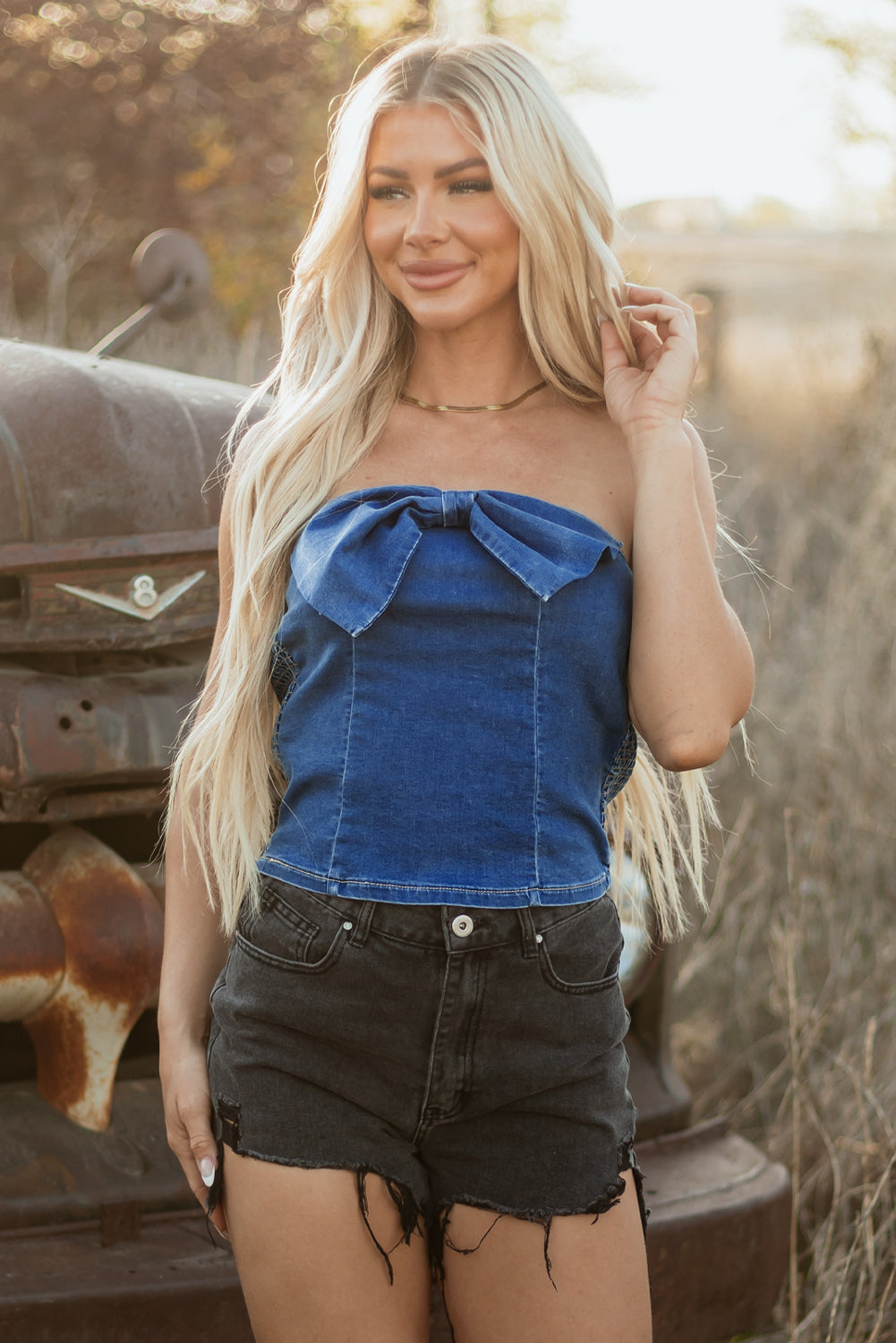 Stacey B's Sail Blue Vintage Bow Front Smocked Back Denim Tube Top