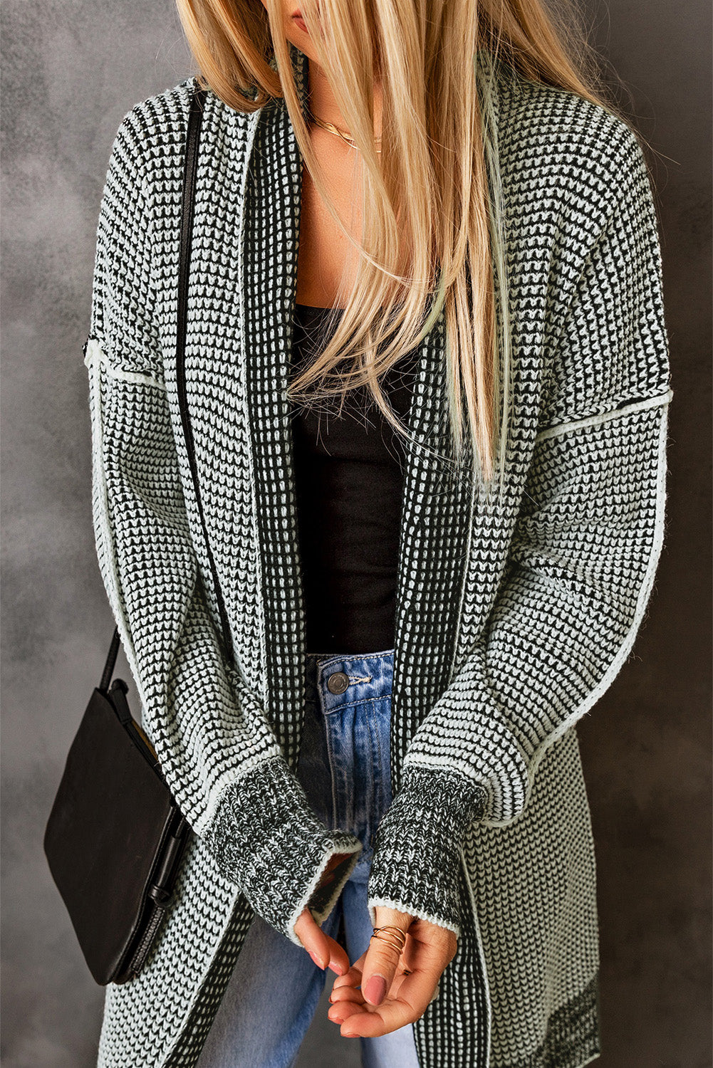 Stacey B's Gray Plaid Knitted Long Open Front Cardigan