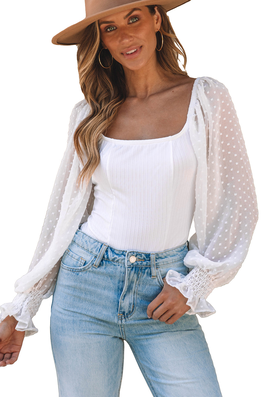 Stacey B's White Casual Solid Swiss Dot Ribbed Puff Sleeve Bodysuit