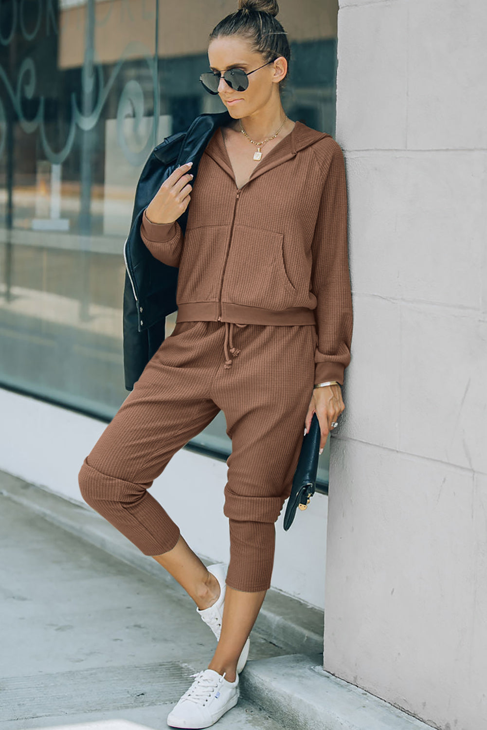 Stacey B's Brown Waffle Knit Zip-Up Hoodie and Pants Athleisure Outfit