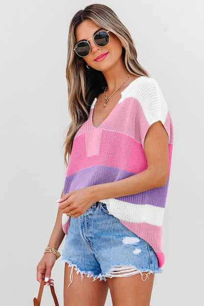 Stacey B's Pink Color Block Notch V Neck Sweater T Shirt