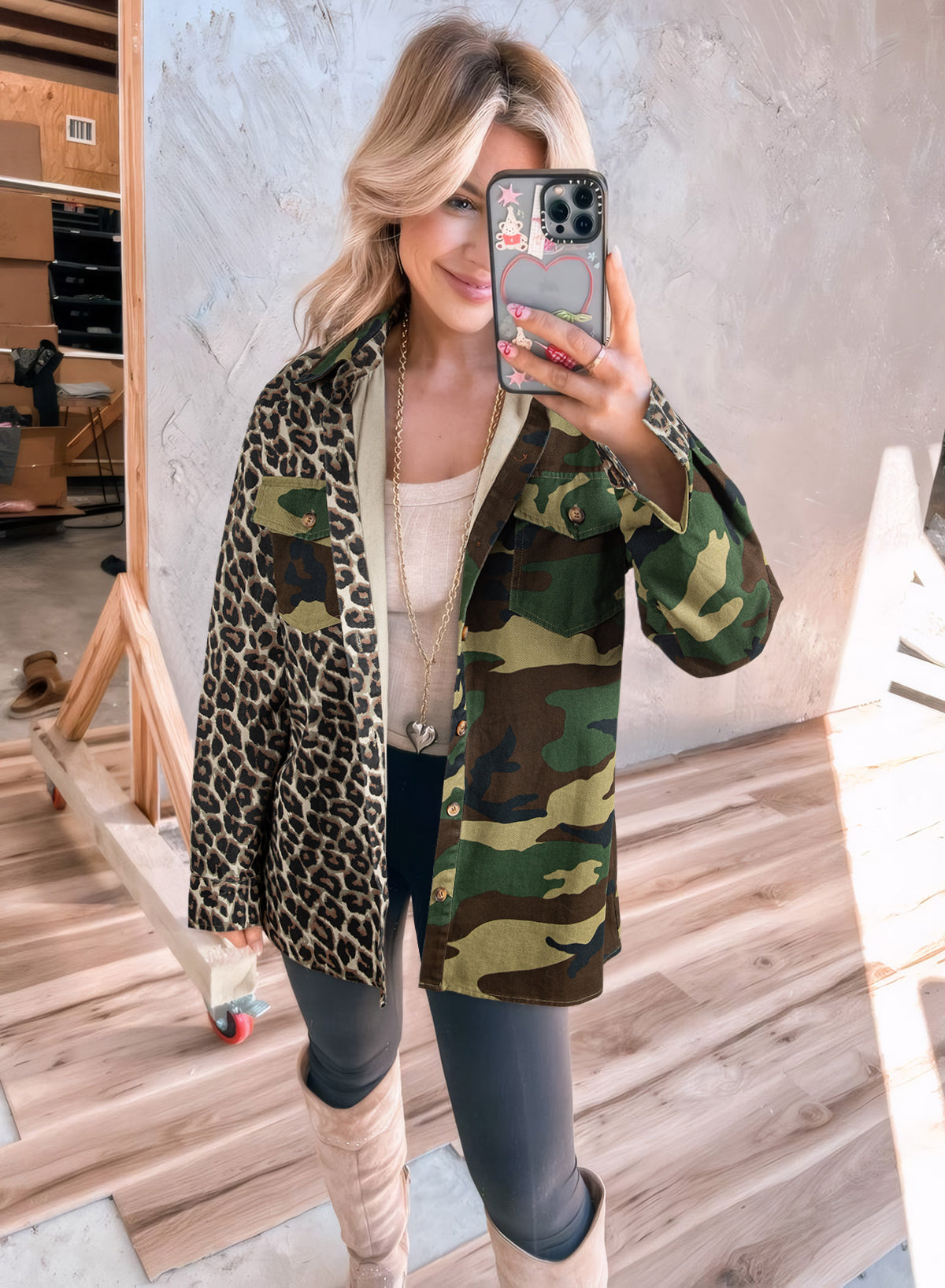 Stacey B's Brown Leopard Camo Patchwork Oversize Shacket