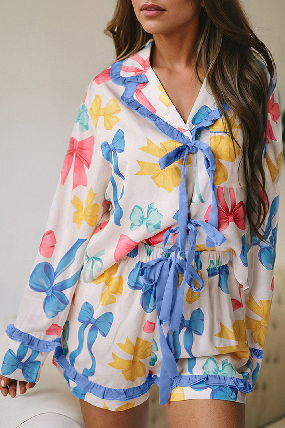 Stacey B's Sky Blue Bow Print Tied Ruffled Pajama Set