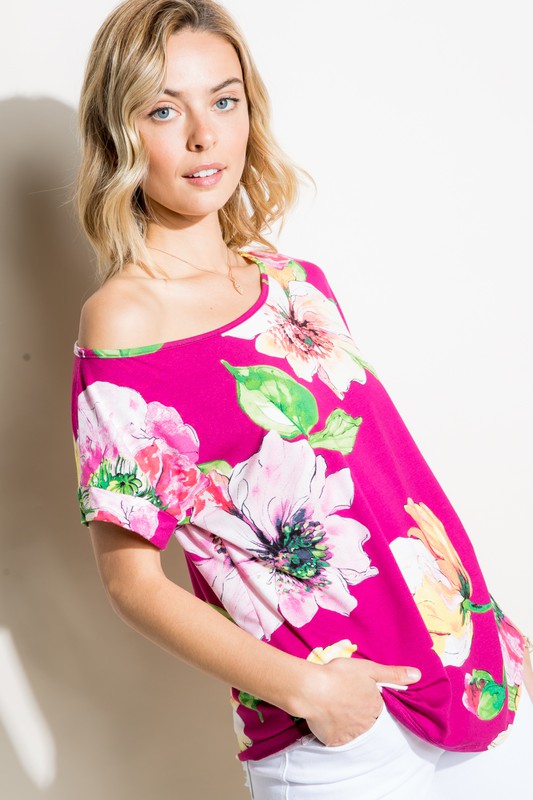 Stacey B's Plus Floral  One Shoulder Boxy Top